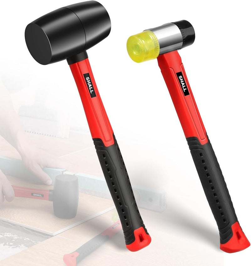 SHALL 2-Piece Rubber Mallet Hammer Set, 16oz Rubber Hammer Mallet & 40mm Double-Faced Soft Mallet, Shockproof Fiberglass Handle with Cushion Grip, Damage-Free to Flooring, Tile, Crafts and Wood Work - Image 1